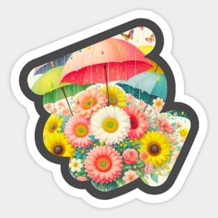 A bunch of flowers dancing in the rain with colorful umbrellas Sticker